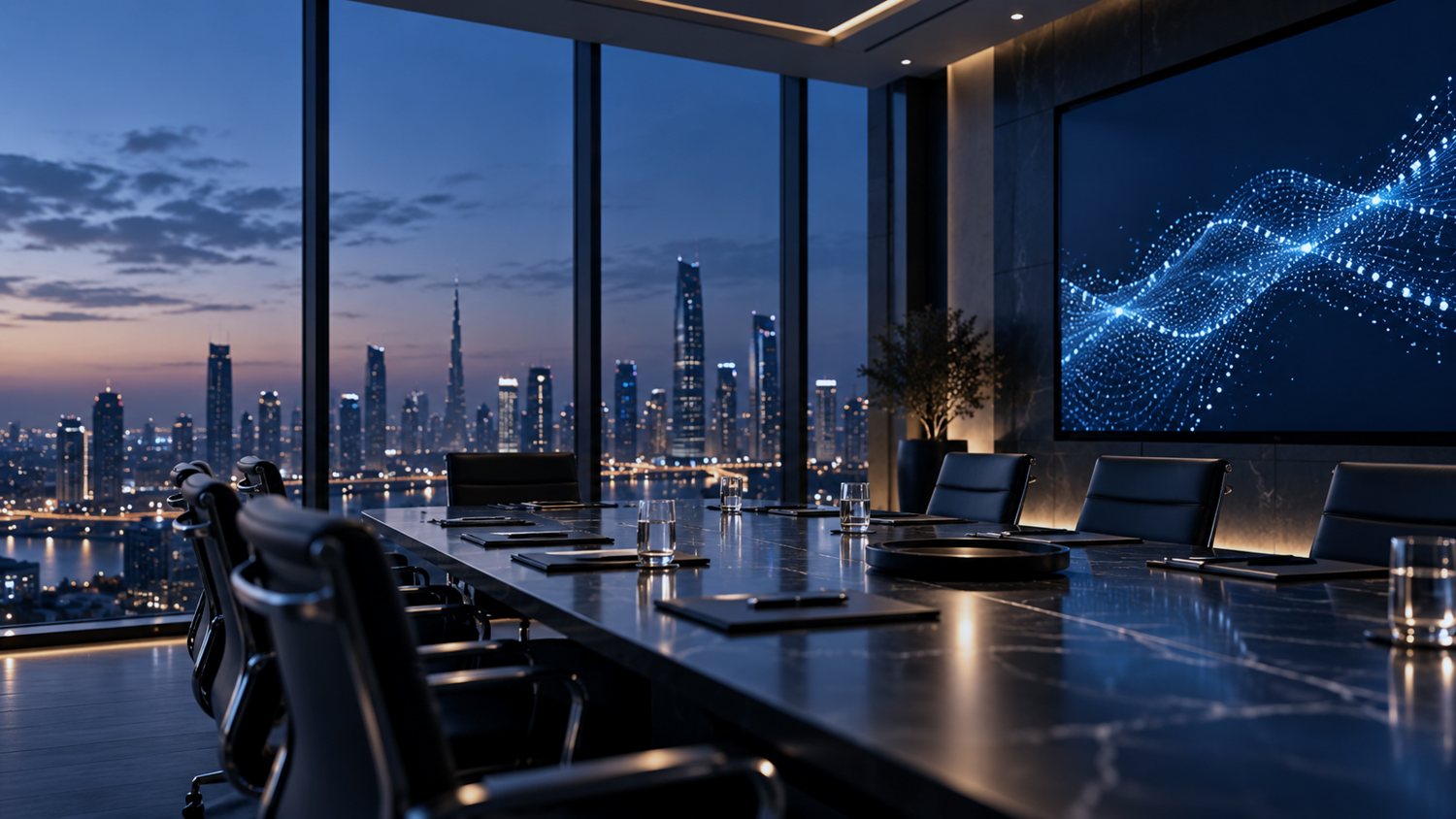 A boardroom at dusk with a city skyline beyond the windows